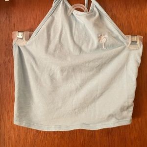 Blue halter crop top with a white palm tree